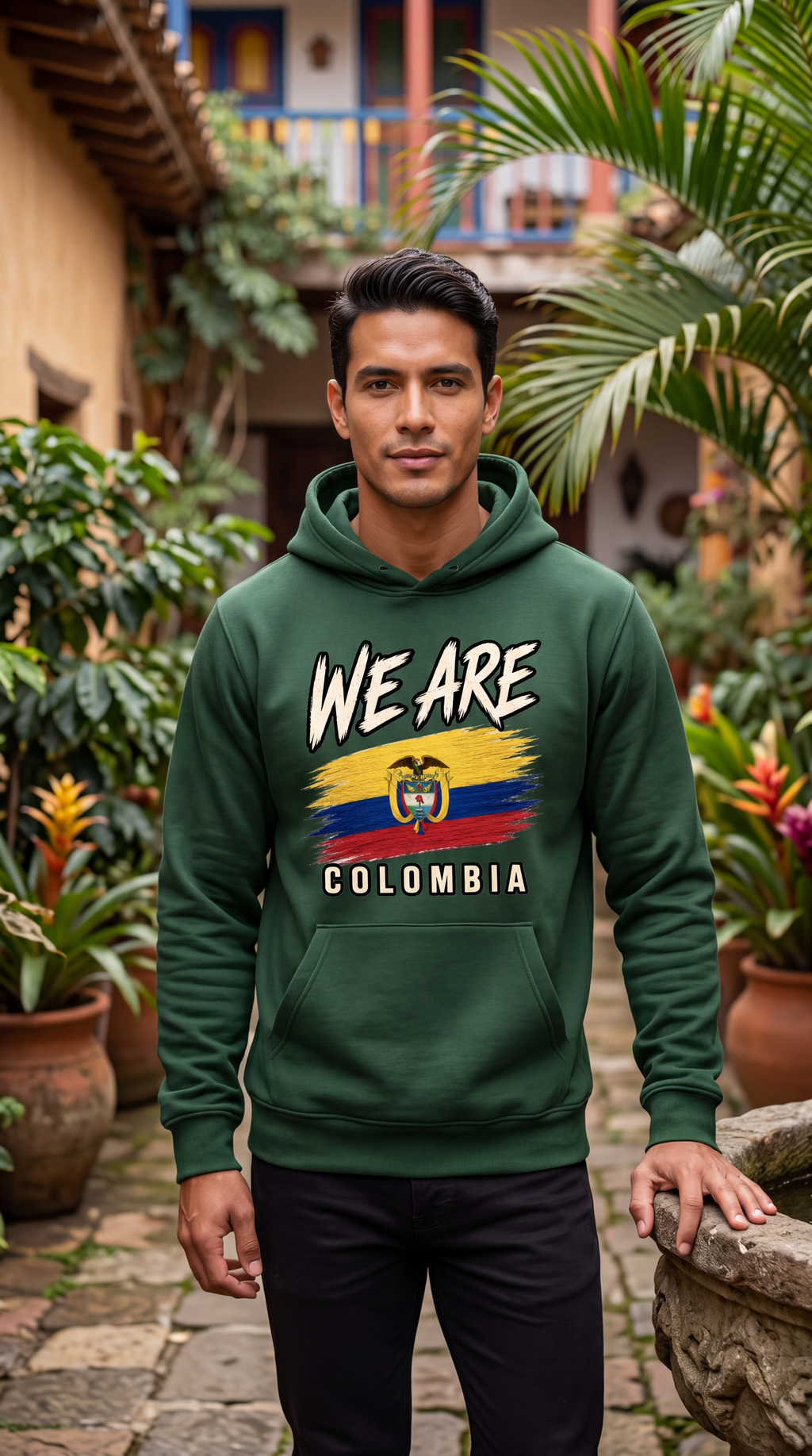 A man wearing a dark green hoodie with a graphic print that reads 'WE ARE COLOMBIA' and features the Colombian flag, standing in a tropical courtyard with plants and stone walls.