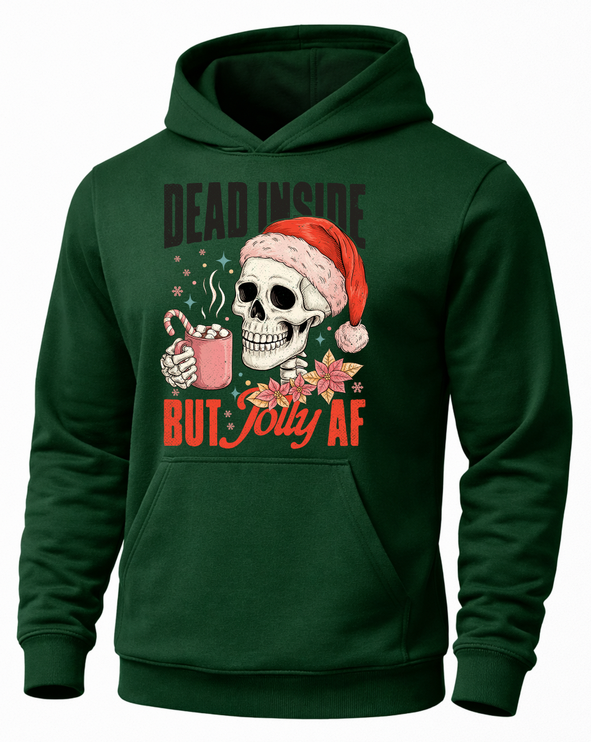 Forest green Christmas skeleton hoodie with festive Santa skull and hot cocoa graphic