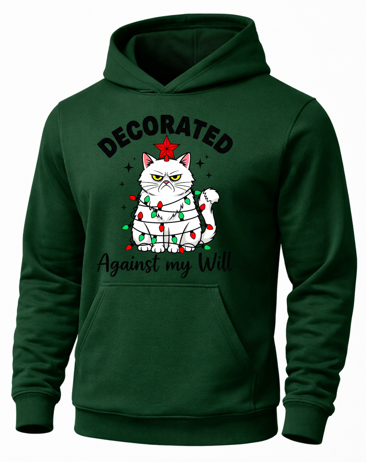 Forest green funny Christmas cat hoodie with grumpy cat and holiday lights graphic
