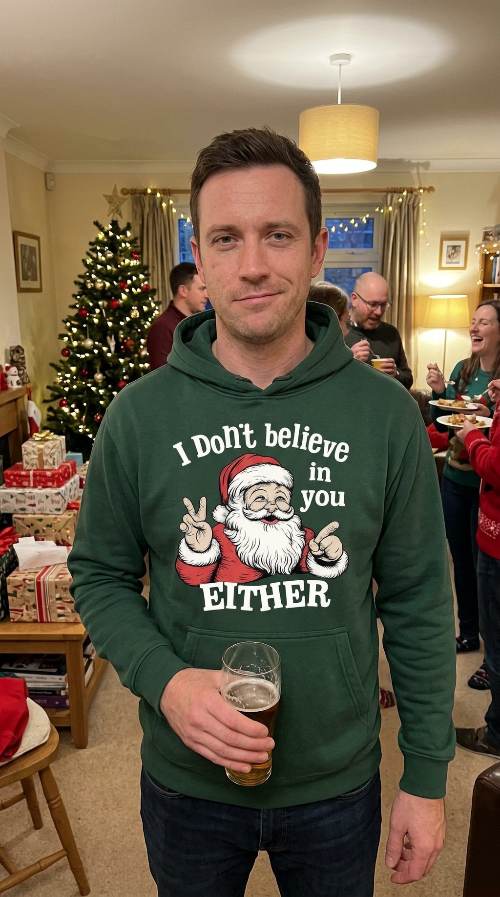 Man wearing forest green I Don’t Believe in You Either Santa hoodie for a festive Christmas outfit