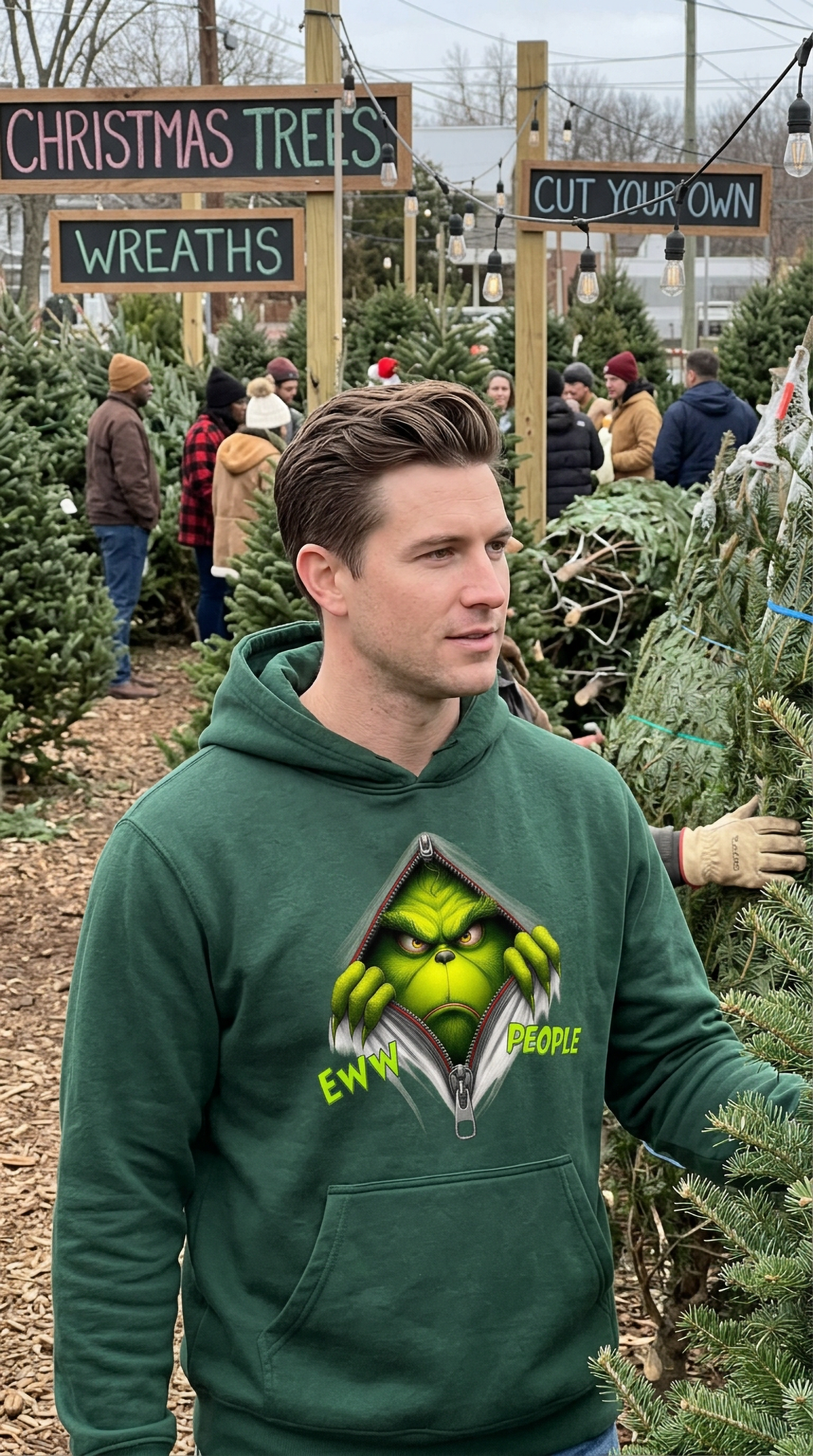 Man wearing forest green Eww People Grinch Christmas hoodie at an outdoor Christmas tree market