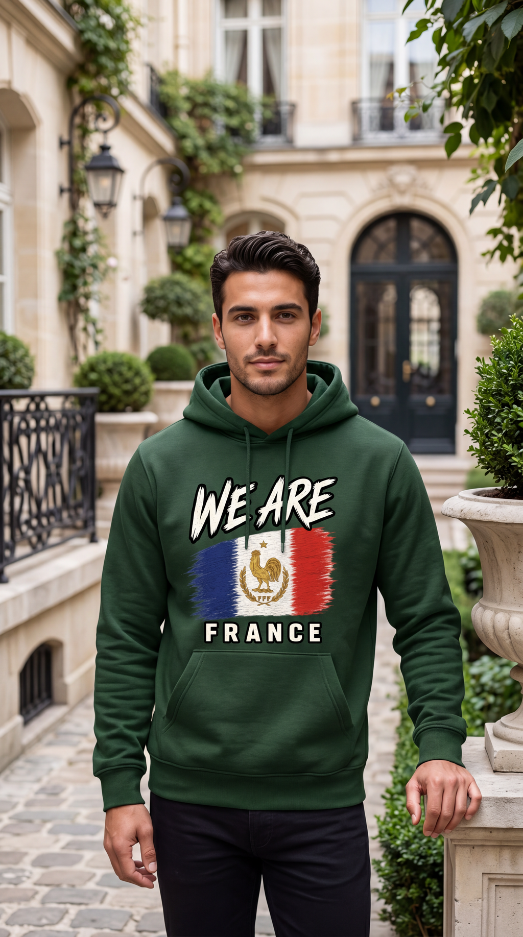 A man wearing a dark green hoodie with a 'WE ARE FRANCE' graphic featuring the French flag and rooster, standing in front of a classic European building.
