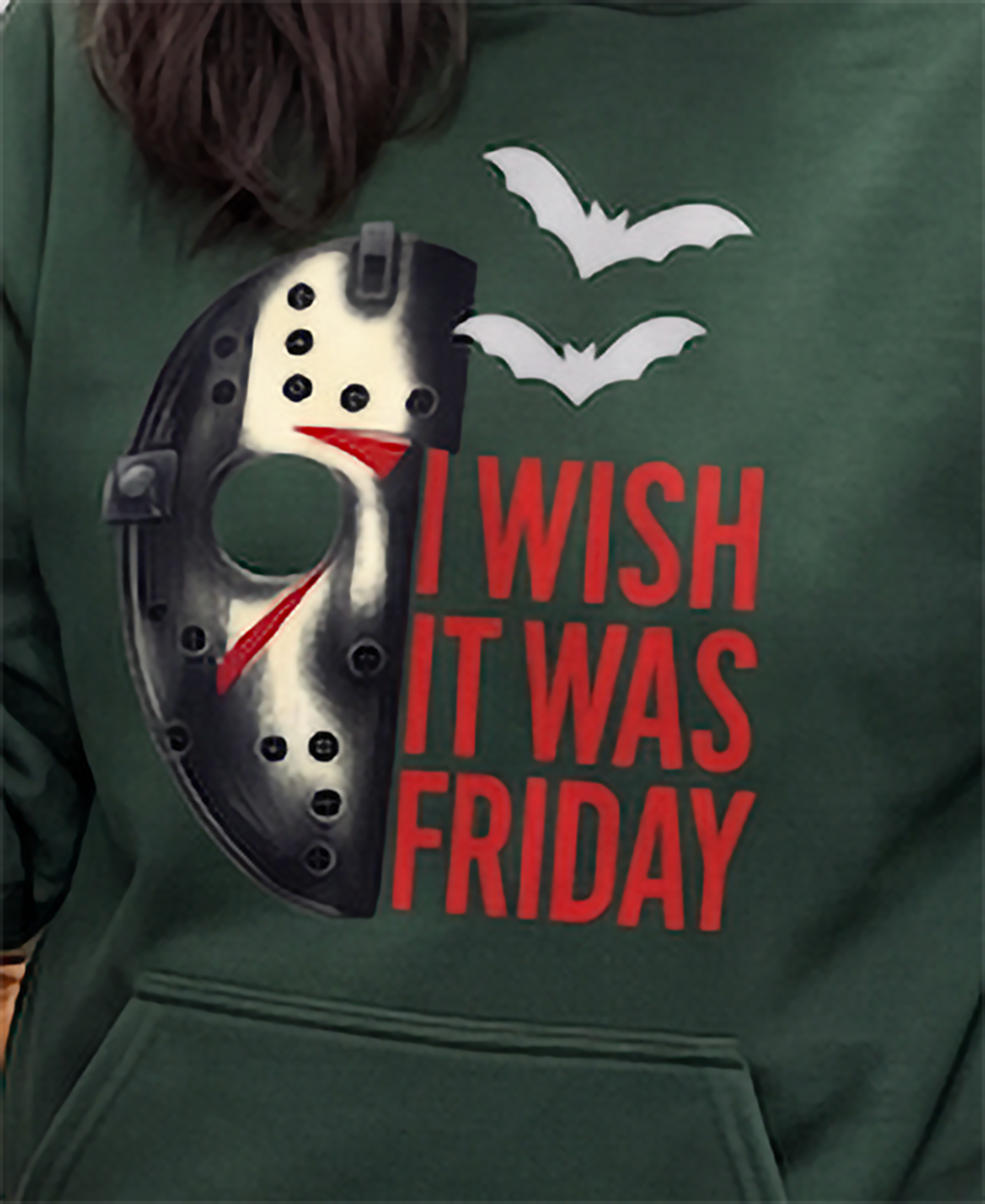 Close-up of forest green Jason Voorhees hoodie with hockey mask design