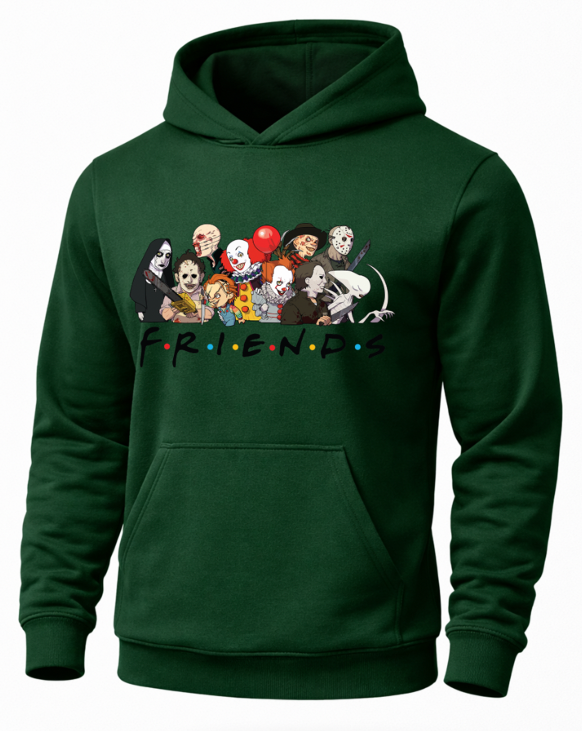 Forest green Horror Friends hoodie with colorful horror character design
