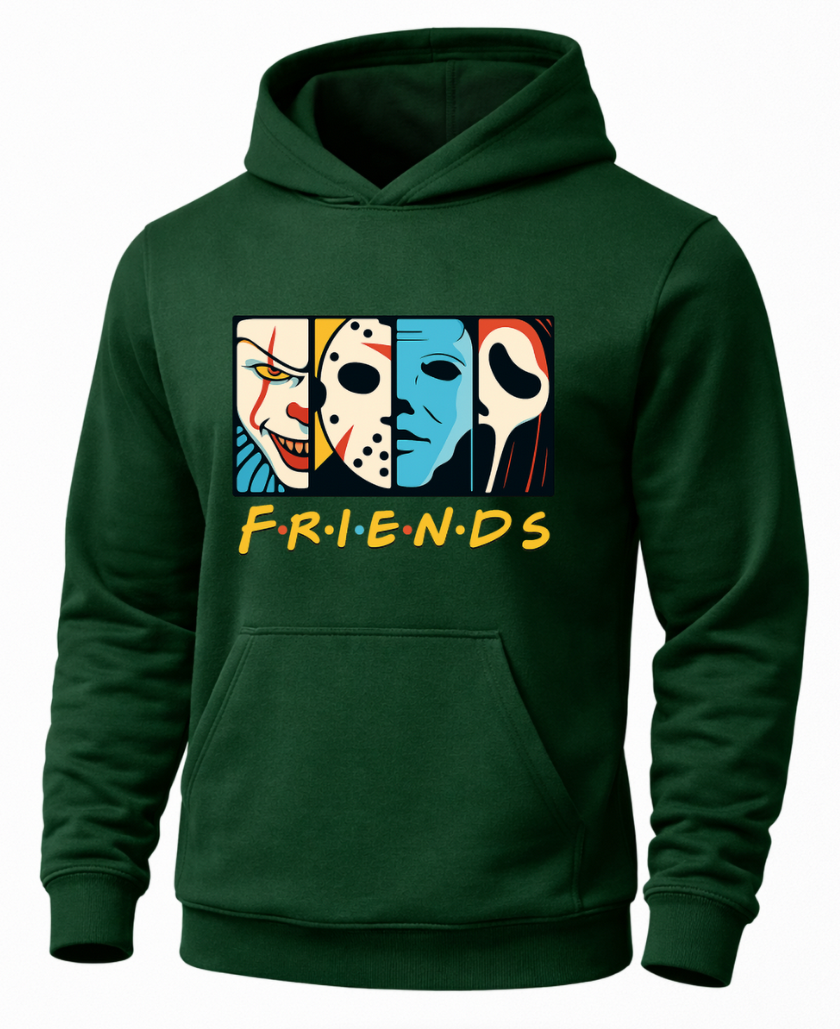 Forest green Horror Friends hoodie featuring colorful slasher character Halloween graphic.