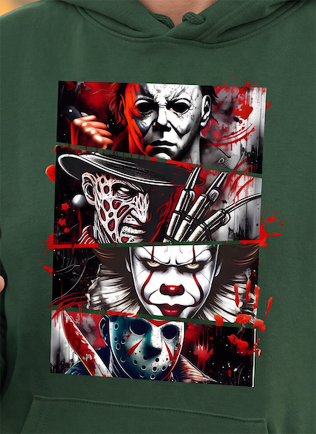 Close-up of forest green horror hoodie with classic slasher movie character collage