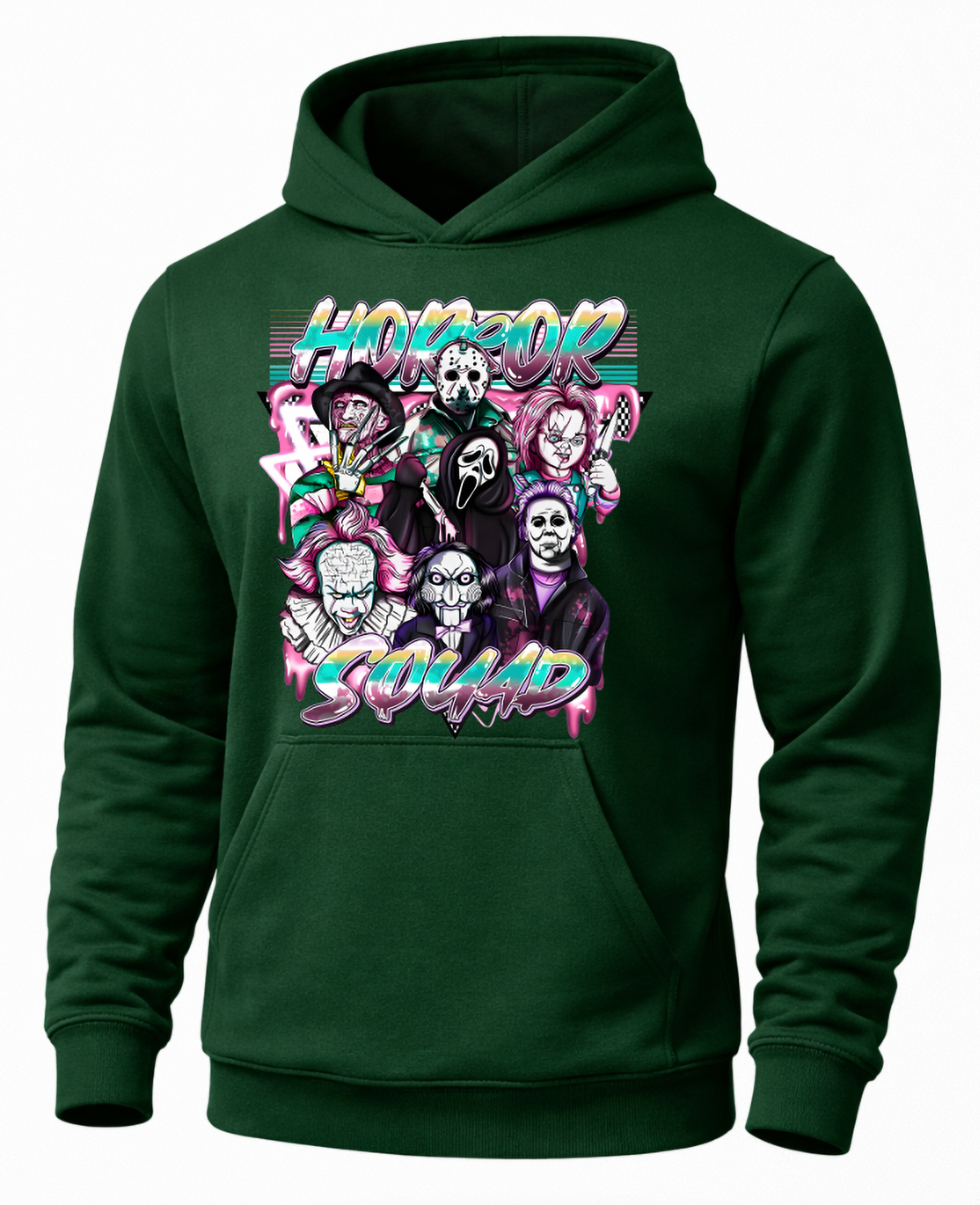 Forest green Horror Squad hoodie with colorful scary movie character design
