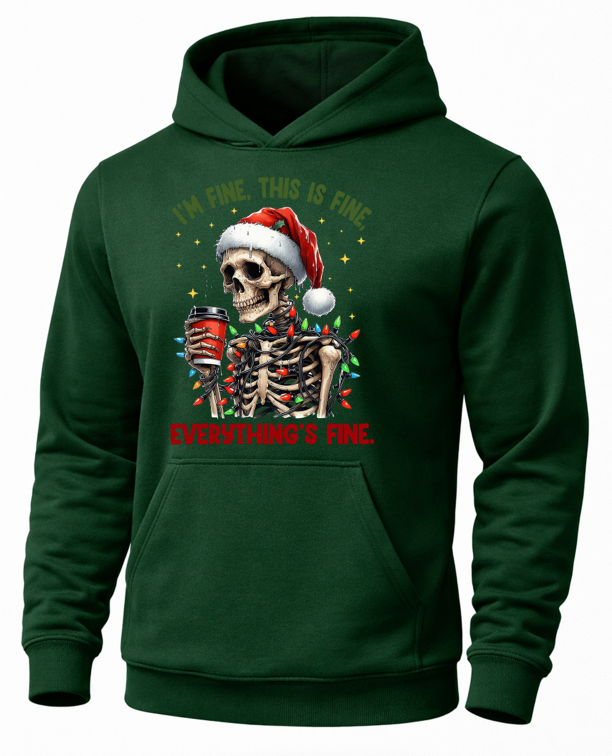 Forest green Christmas skeleton hoodie with Santa skull and colorful holiday lights graphic