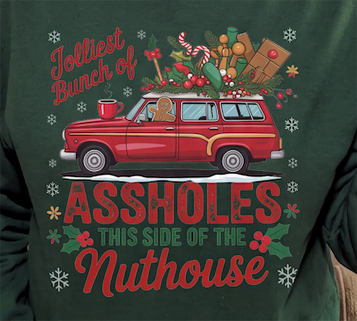Close-up of forest green Jolliest Bunch sarcastic family Christmas hoodie