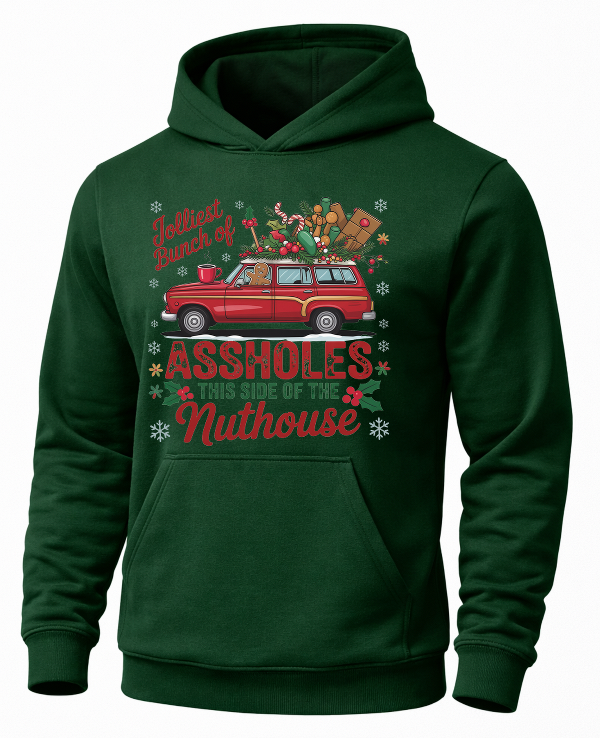 Forest green funny Christmas hoodie with retro station wagon holiday graphic