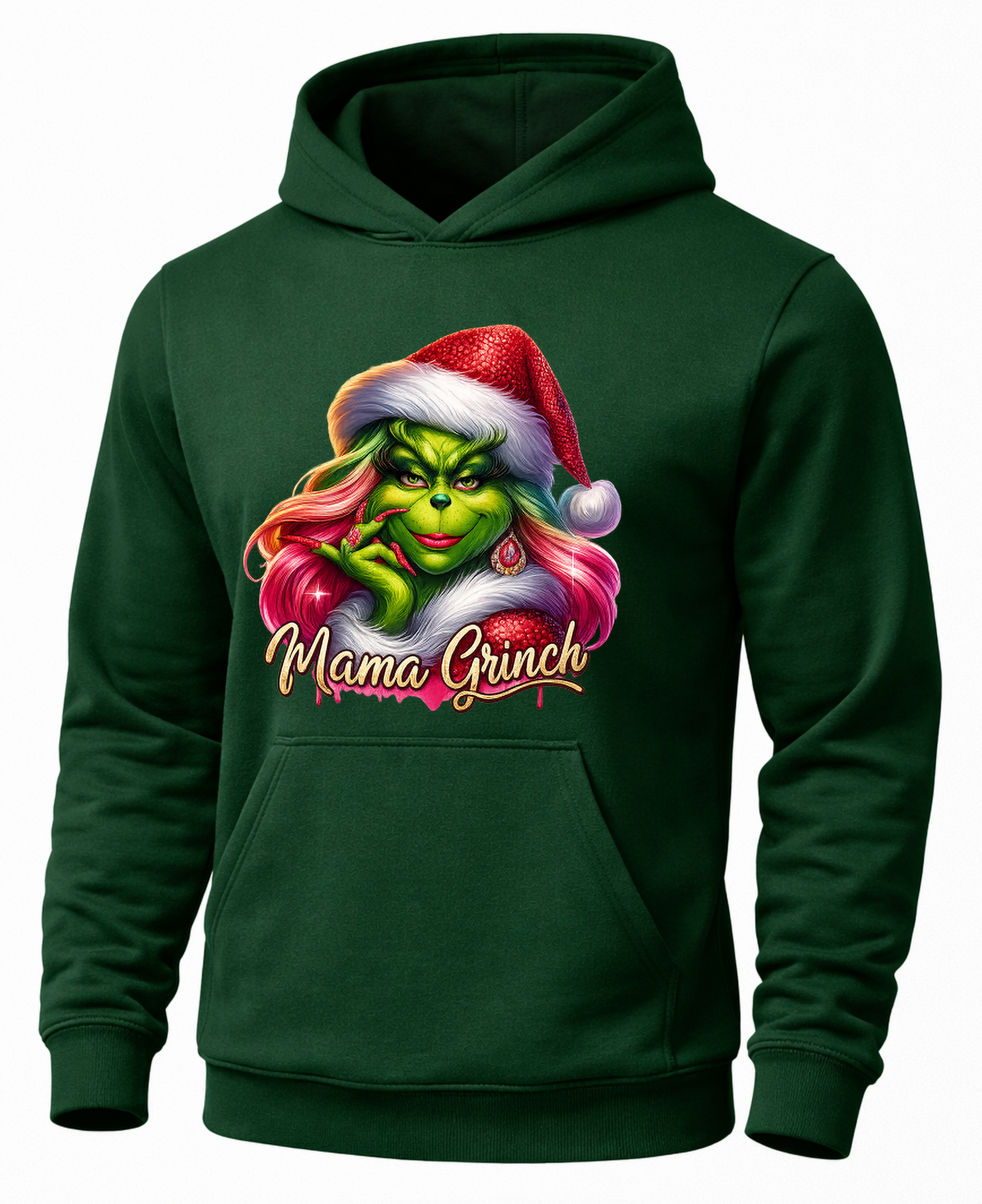Forest green Mama Grinch hoodie with pink-haired Grinch Christmas design