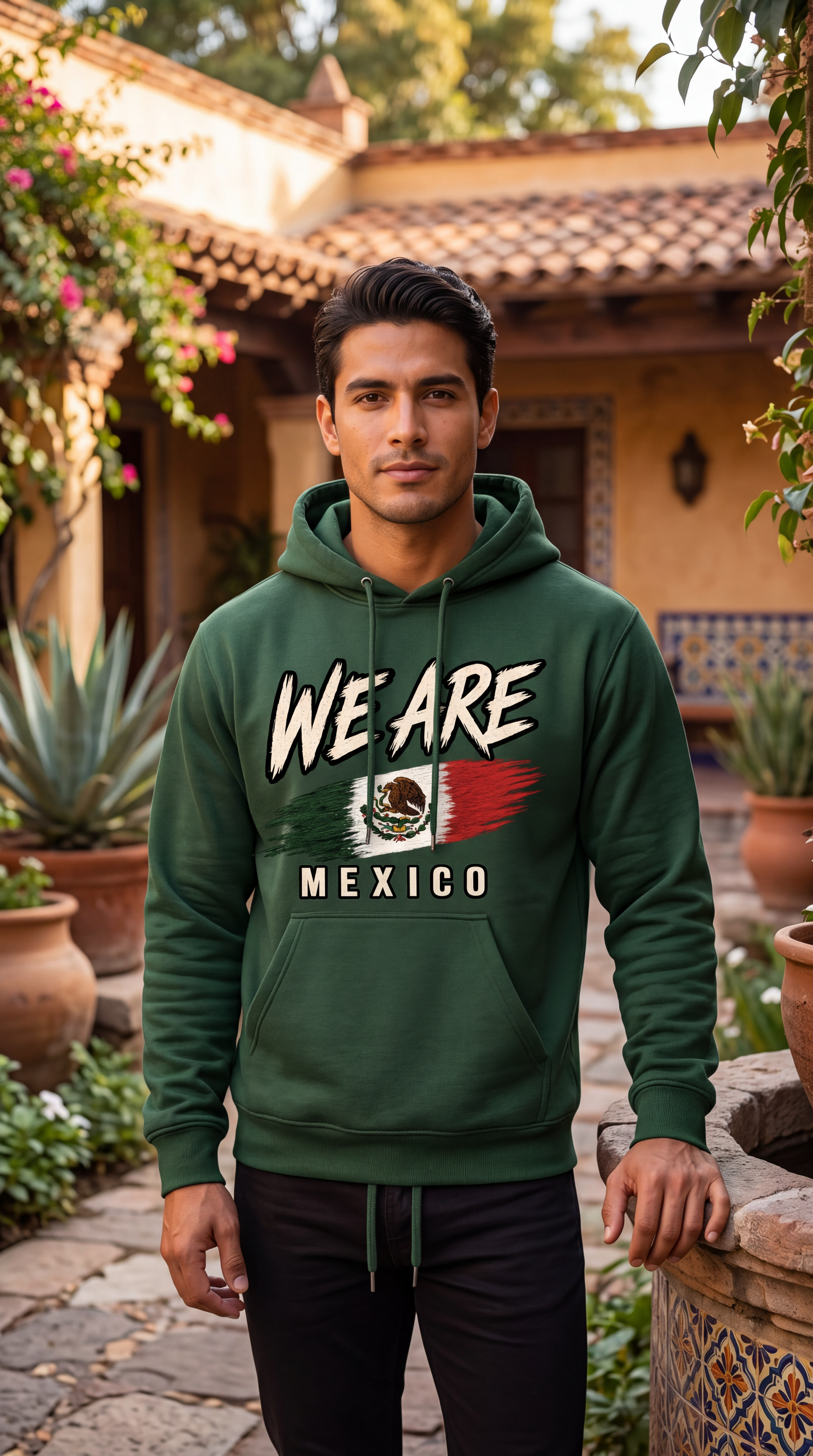 A man wearing a dark green hoodie with a 'WE ARE MEXICO' graphic featuring the Mexican flag stands in a sunny courtyard with potted plants and a stucco building in the background.