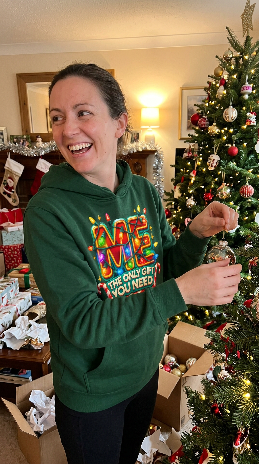Woman wearing forest green Me The Only Gift You Need hoodie for a casual Christmas outfit