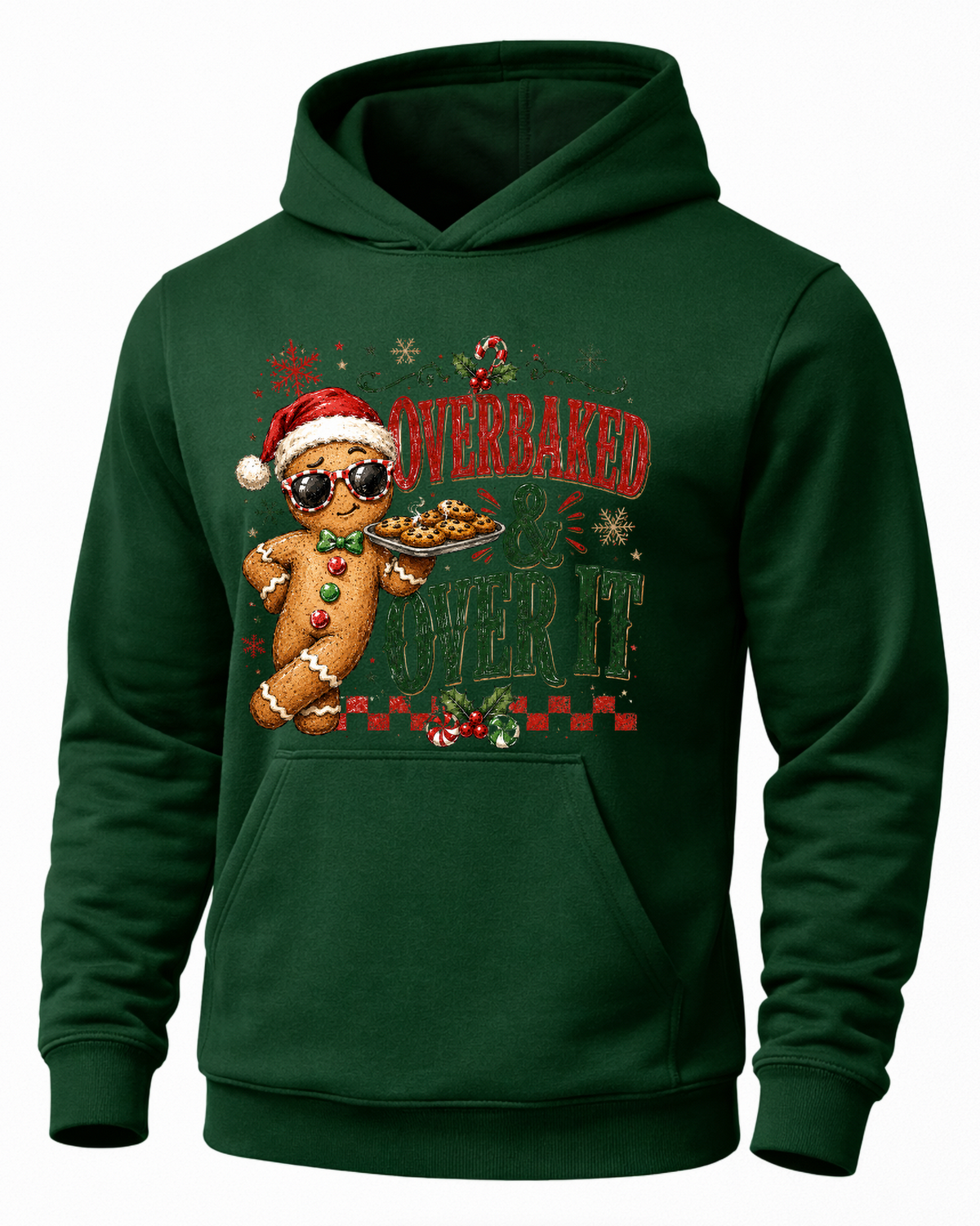 Forest green funny Christmas hoodie with festive gingerbread man graphic