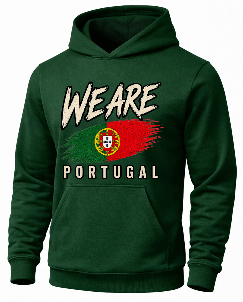 A dark green pullover hoodie with a front graphic that reads 'WE ARE PORTUGAL' over a stylized Portuguese flag design, shown on a plain white background.