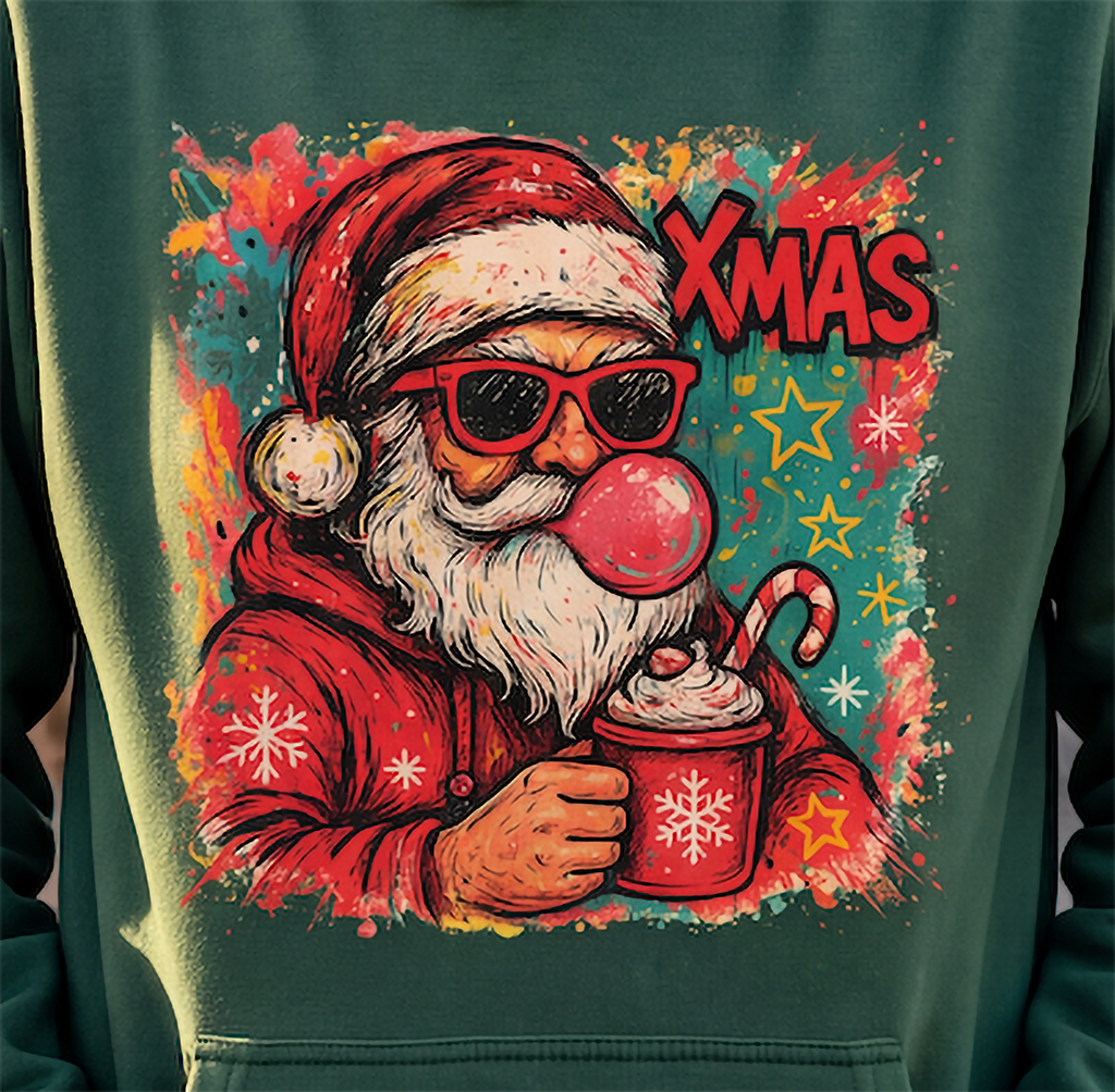 Close-up of forest green Bubblegum Santa Christmas hoodie with sunglasses Santa artwork