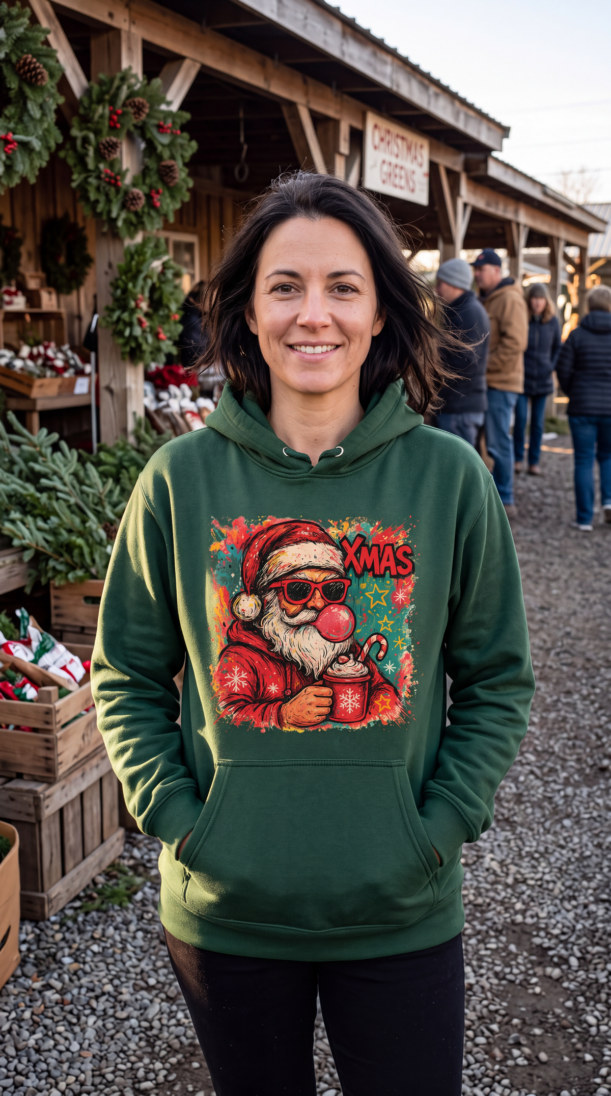 Woman wearing forest green retro Santa Christmas hoodie with Bubblegum Santa design
