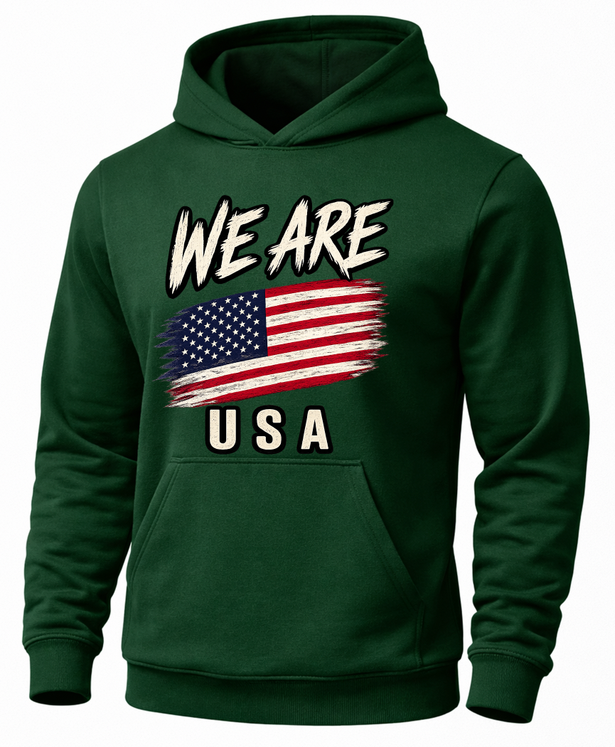 A dark green pullover hoodie with a distressed graphic on the chest featuring the text 'WE ARE' above an American flag and 'USA' below, shown on a plain white background.