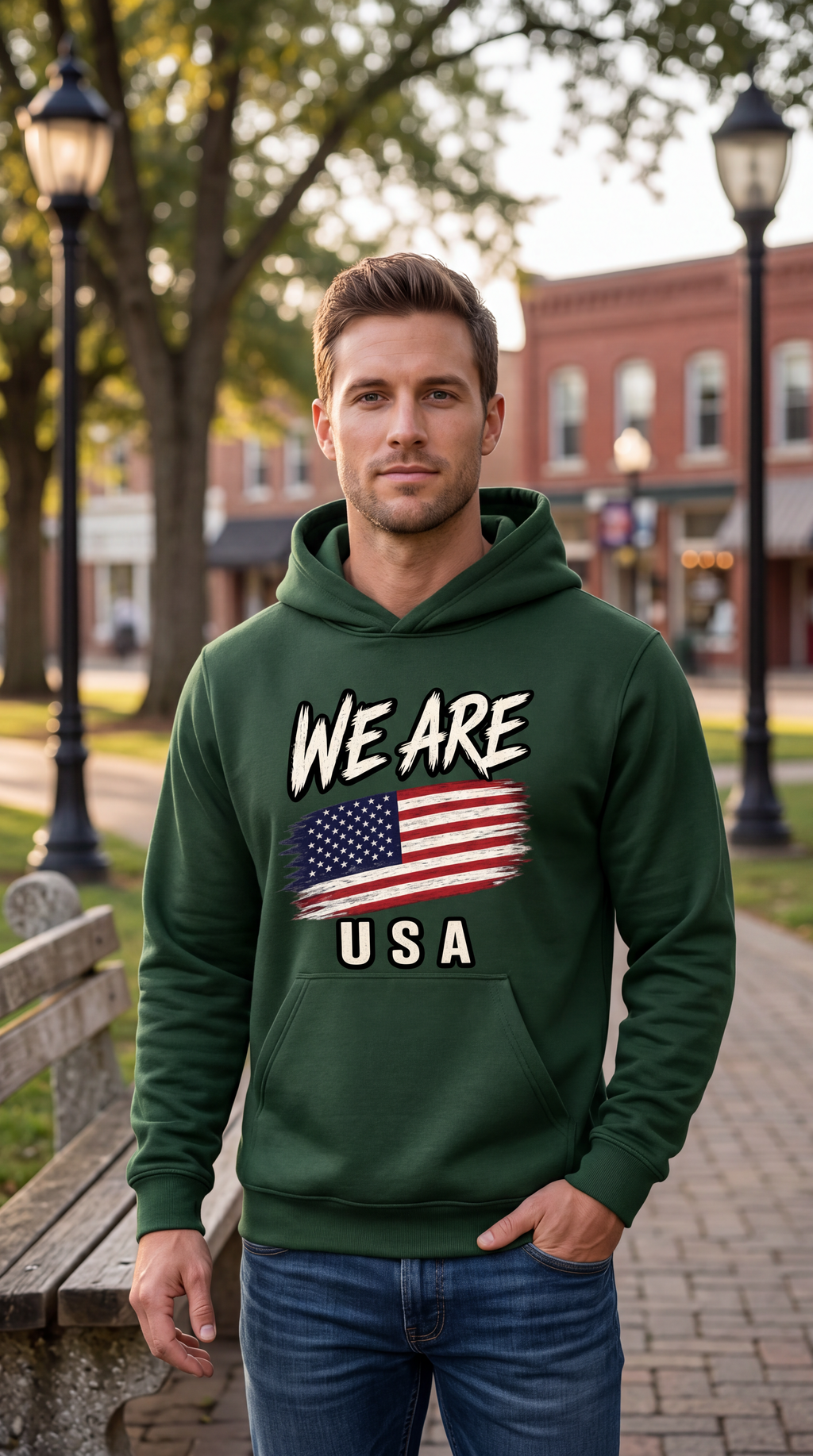 A man wearing a dark green hoodie with a graphic that reads 'WE ARE USA' and an American flag, standing outdoors on a brick path with trees and buildings in the background.