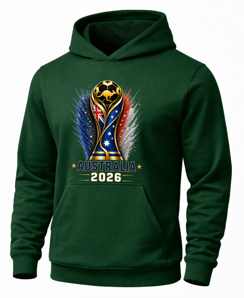 Green hoodie with Australia 2026 World Cup design on a white background