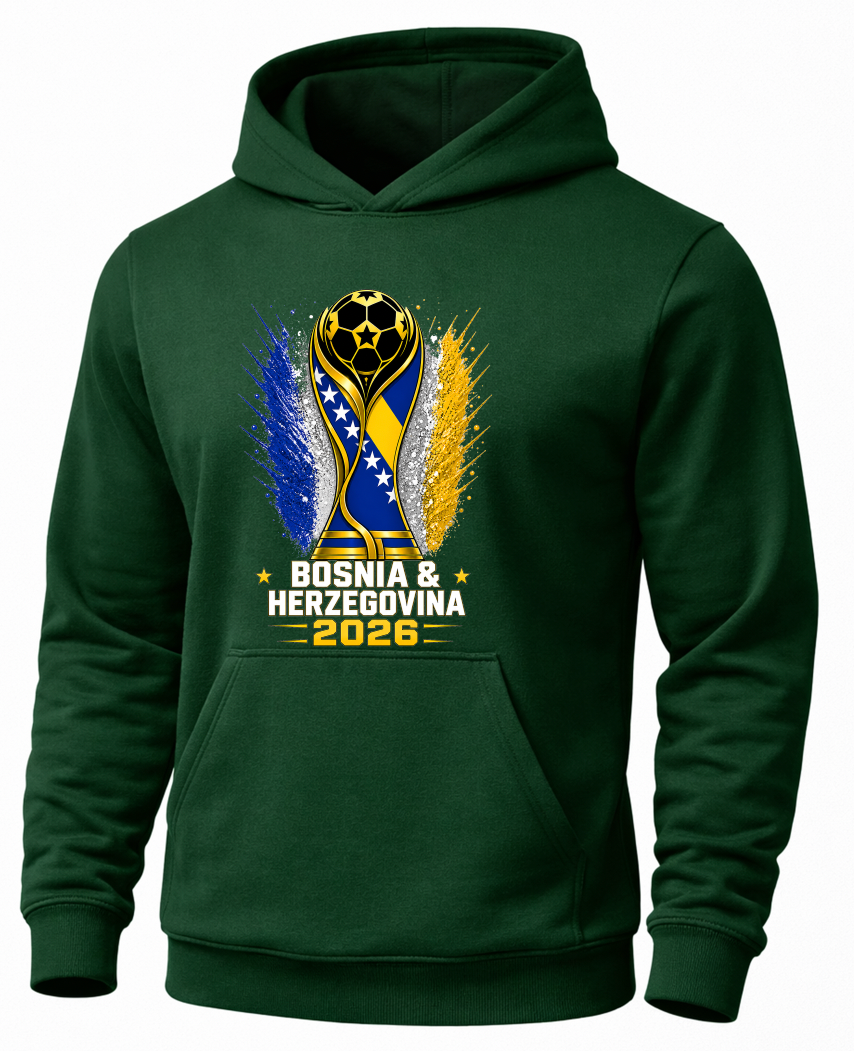 Green hoodie with a soccer-themed design featuring Bosnia and Herzegovina and the year 2026 on a white background.