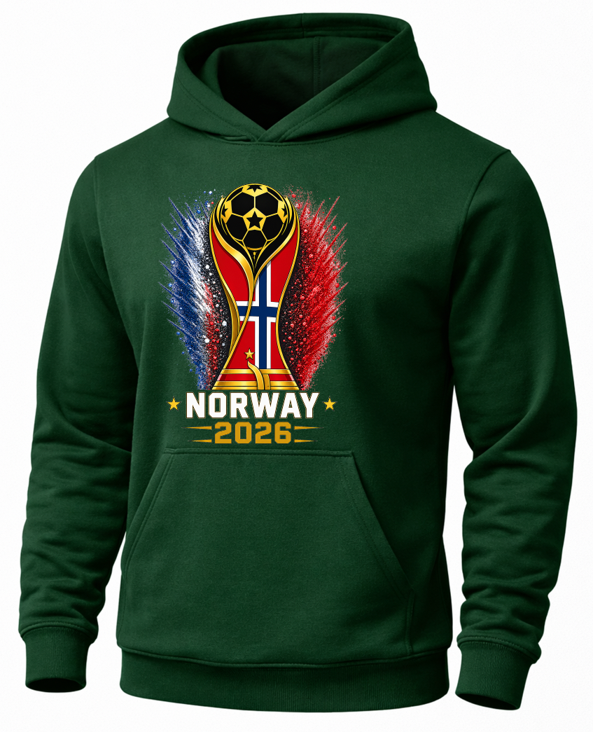 Green hoodie with a soccer trophy design and 'Norway 2026' text on a white background