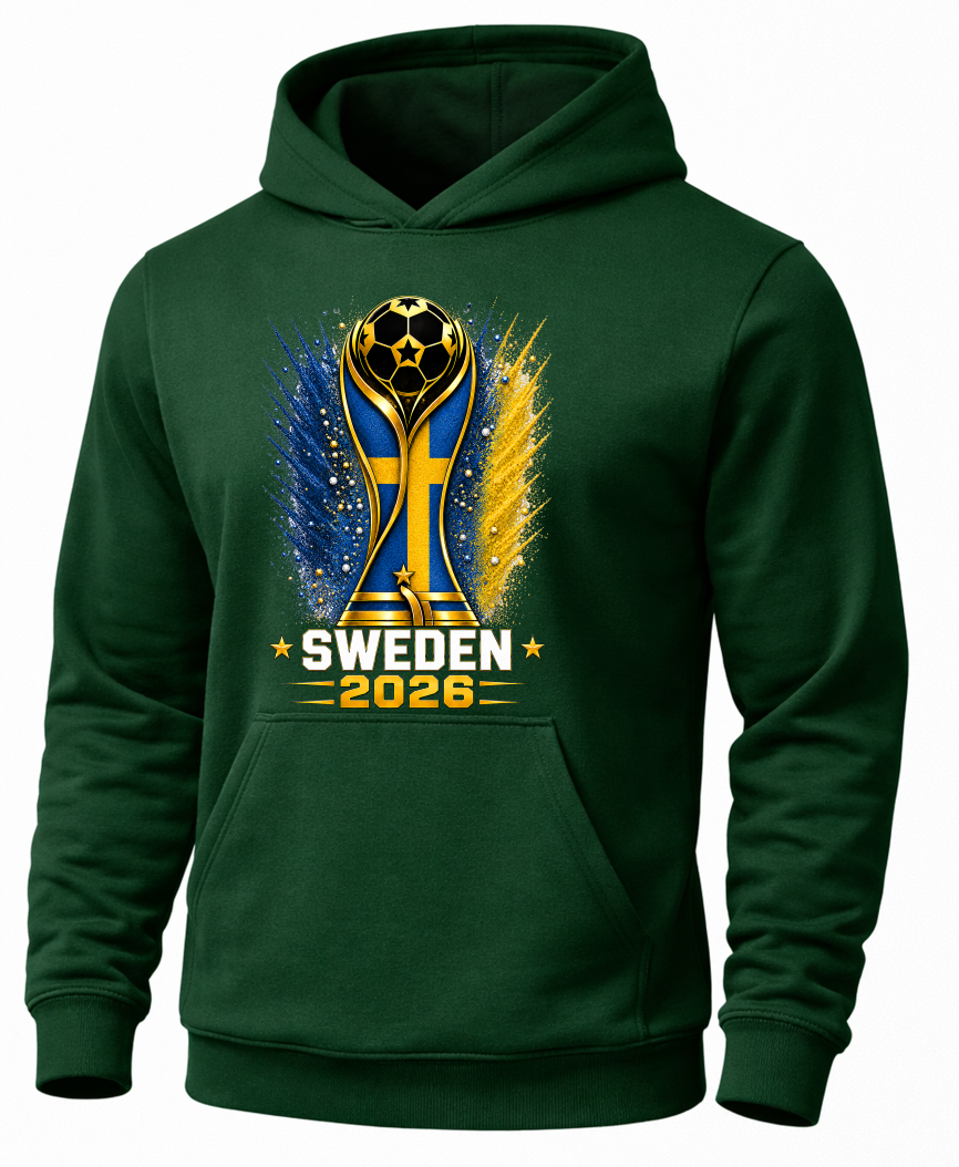 Green hoodie with Sweden 2026 design featuring a trophy on a white background