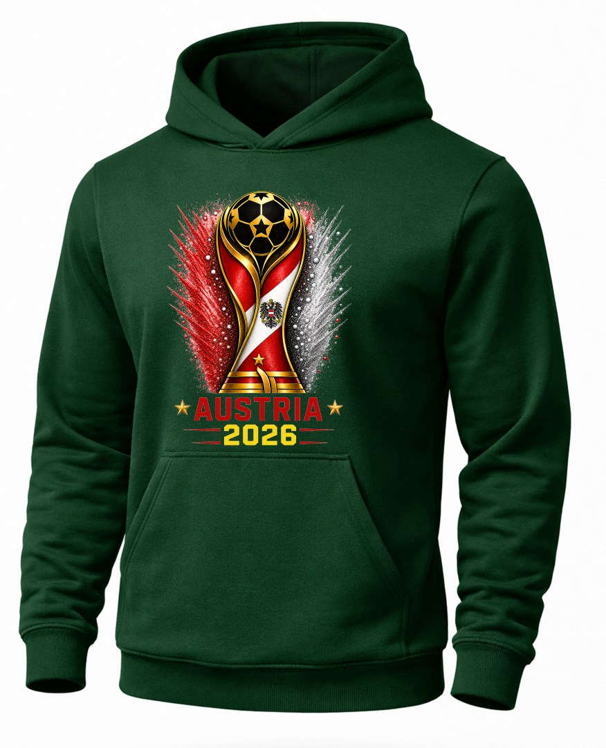 Green hoodie with a soccer trophy design and 'Austria 2026' text on a white background