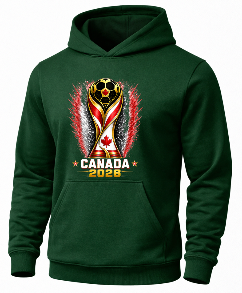 Forest green Canada soccer hoodie with tournament inspired graphic