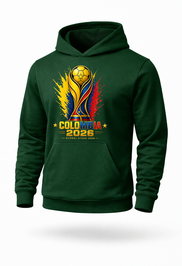 Forest green Colombia 2026 soccer supporter hoodie mockup with bold football streetwear artwork