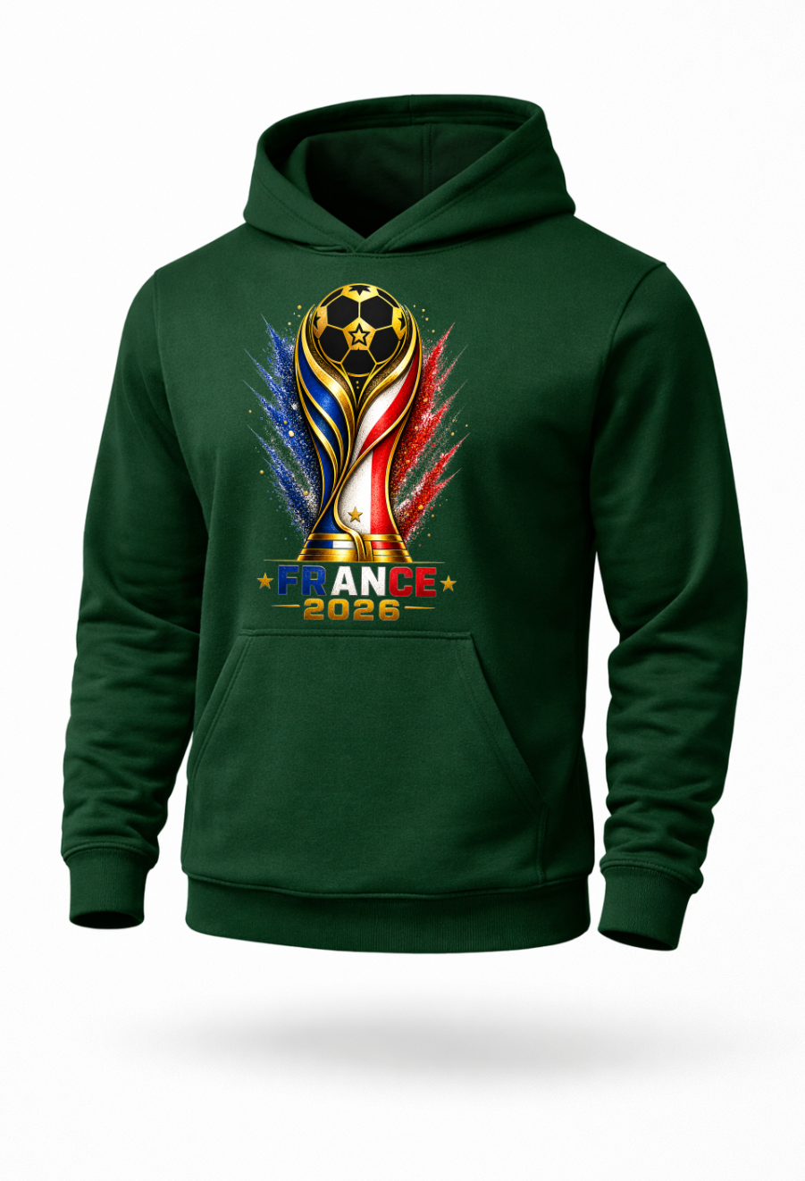 Forest green France 2026 soccer hoodie mockup with premium football streetwear design