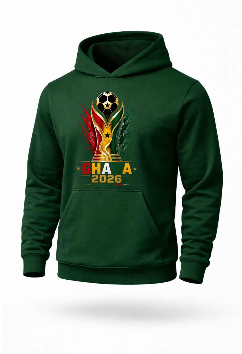 Forest green Ghana pride hoodie with football supporter design in Ghana national colors