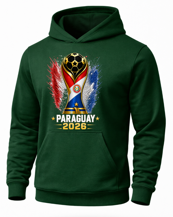 Green hoodie with Paraguayan flag and 2026 World Cup design on a white background