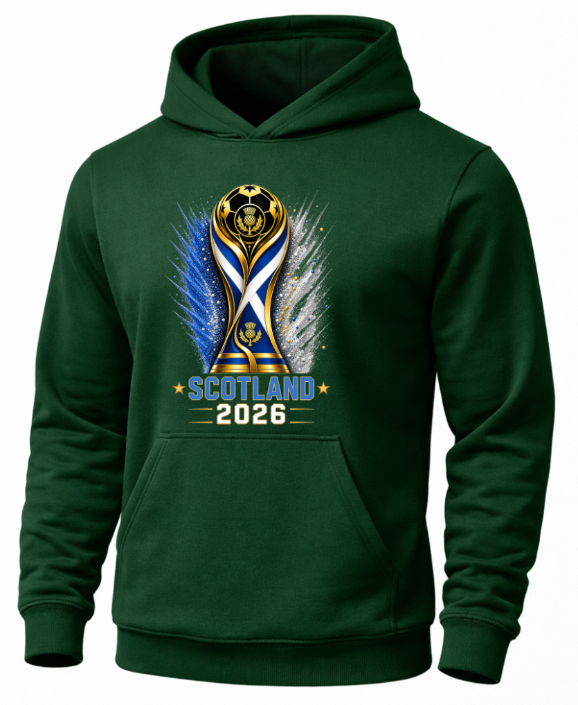Green hoodie with a Scotland 2026 design featuring a trophy and Scottish flag.