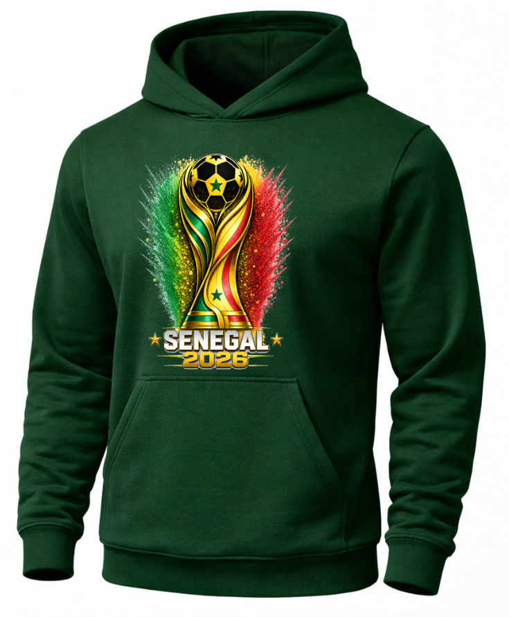 Green hoodie with a colorful trophy design and 'Senegal 2026' text on a white background