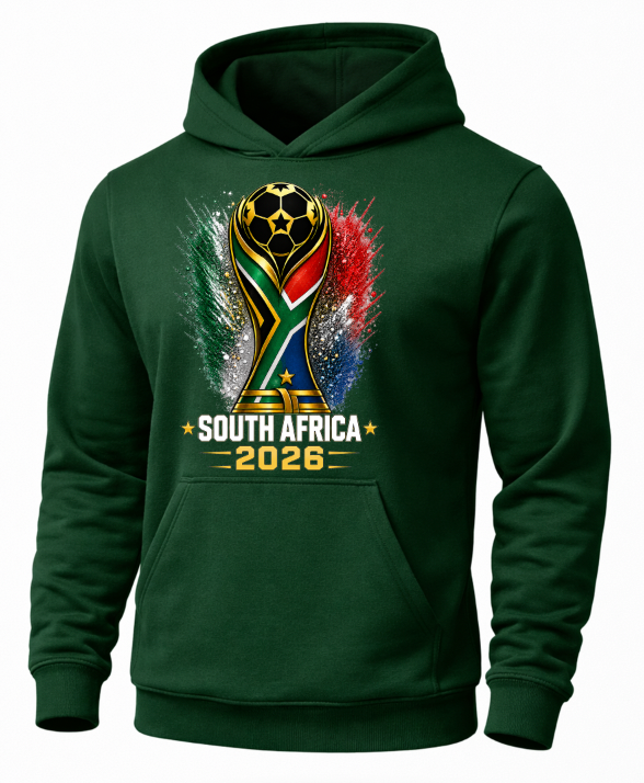 Green hoodie with South Africa 2026 World Cup design on a white background