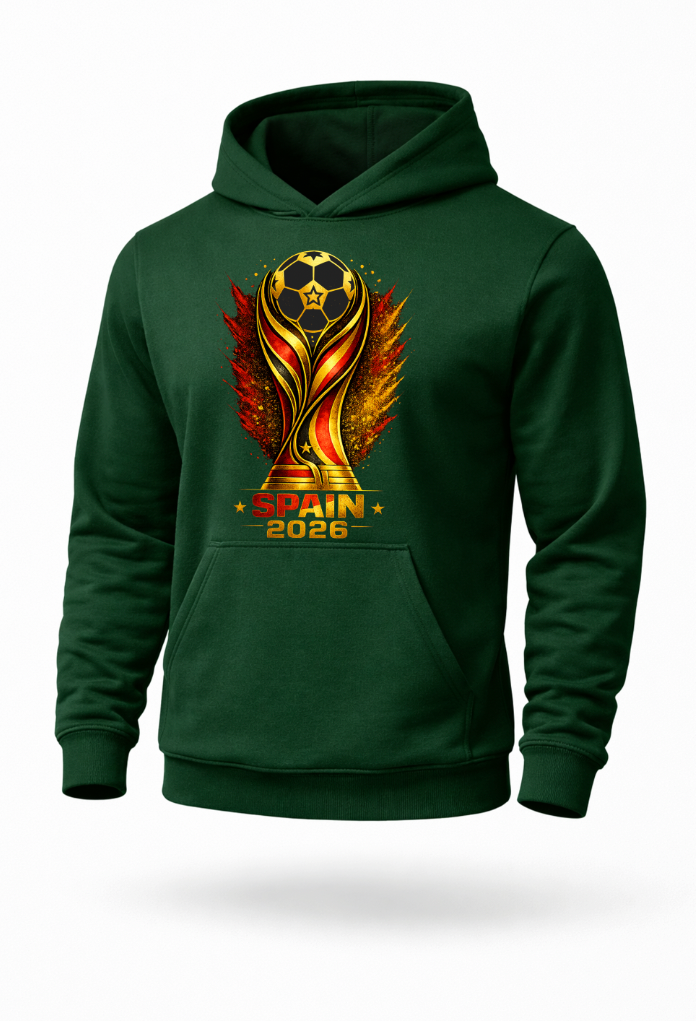 Forest green Spain 2026 soccer hoodie mockup with bold football fan artwork