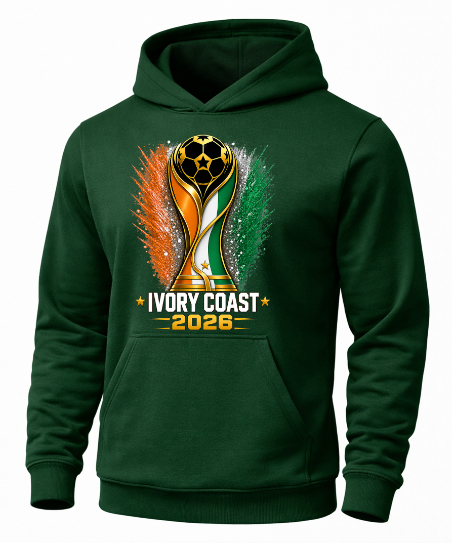 Green hoodie with Ivory Coast 2026 logo on a white background