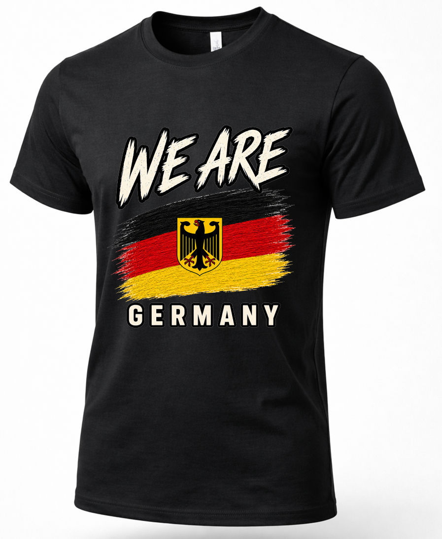A black short-sleeve crewneck t-shirt featuring a distressed graphic print with the text 'WE ARE' above a German flag design and 'GERMANY' below, centered on a light gray background.