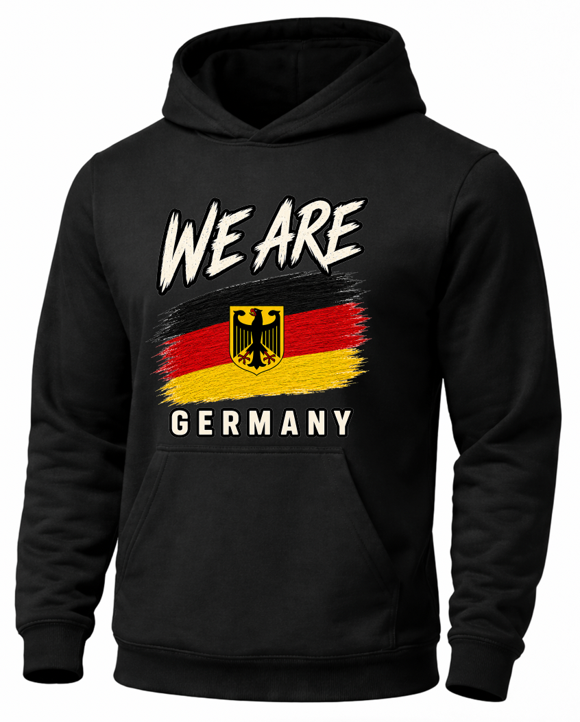 A black pullover hoodie with a graphic print on the front featuring the text 'WE ARE' and 'GERMANY' in white, a stylized German flag in black, red, and yellow, and the German eagle emblem.