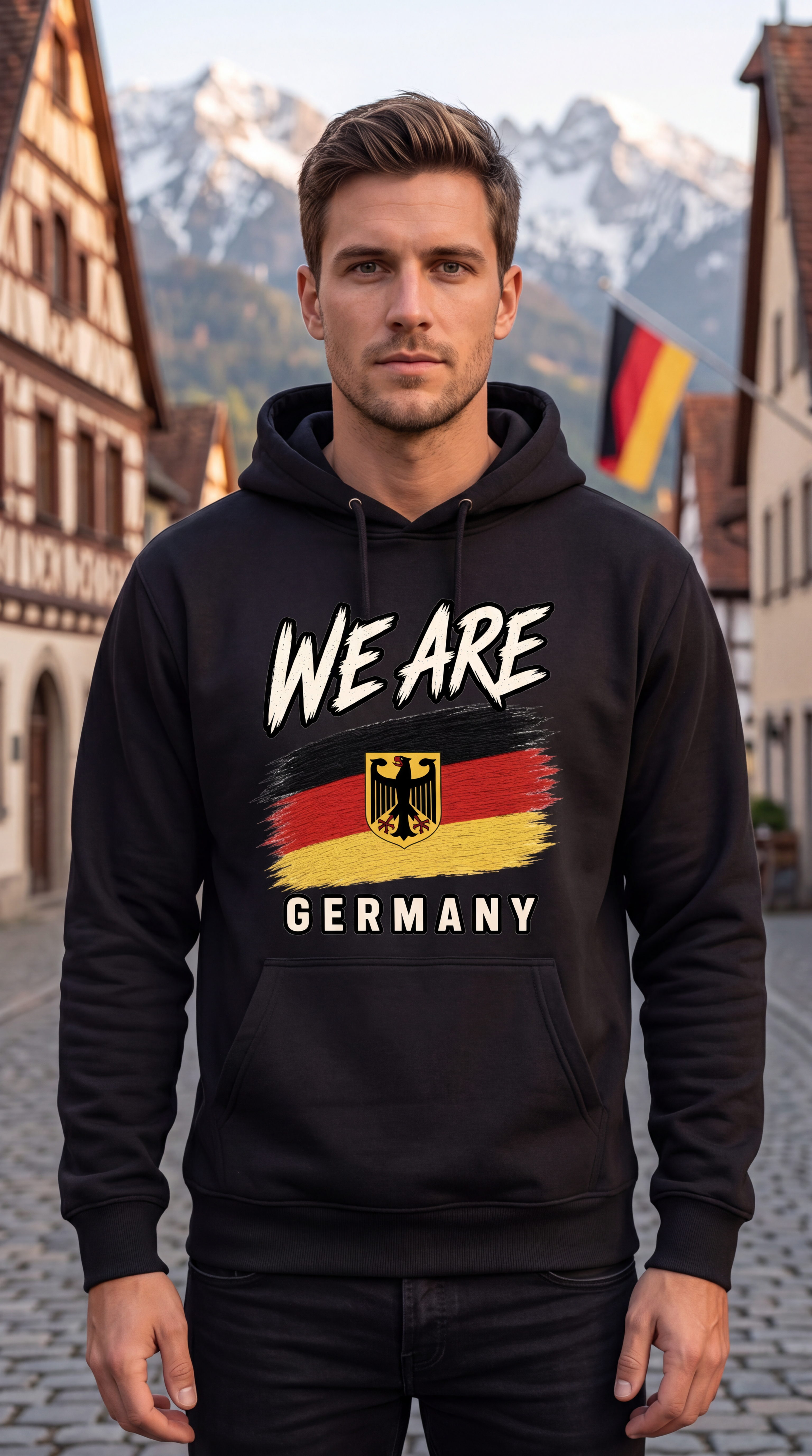 A man wearing a black hoodie with a 'WE ARE GERMANY' graphic featuring the German flag and eagle emblem, standing in a cobblestone street with half-timbered houses and mountains in the background.