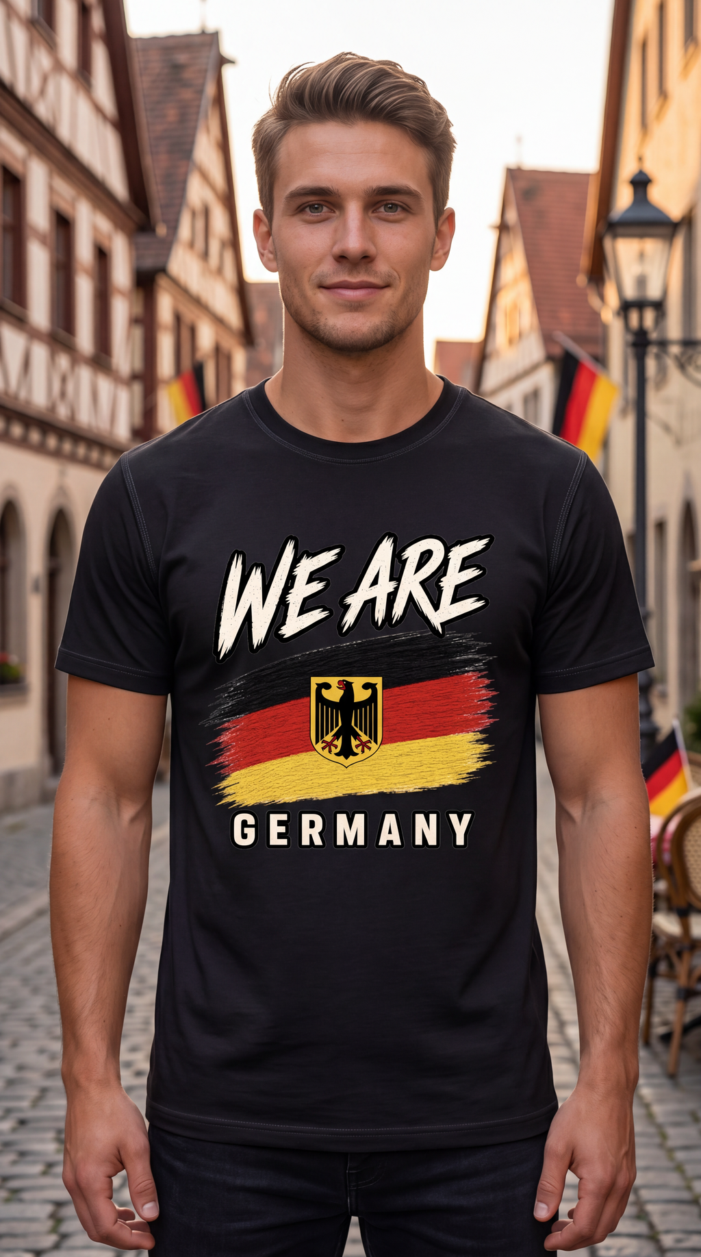 A man wearing a black graphic t-shirt with 'WE ARE GERMANY' and the German flag design, standing in a European street with half-timbered houses.