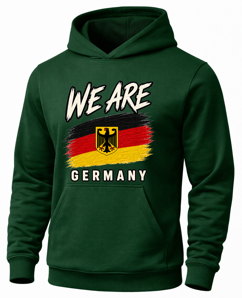 A dark green pullover hoodie featuring a graphic print on the front with the text 'WE ARE' above a stylized German flag and the word 'GERMANY' below, shown on a plain white background.