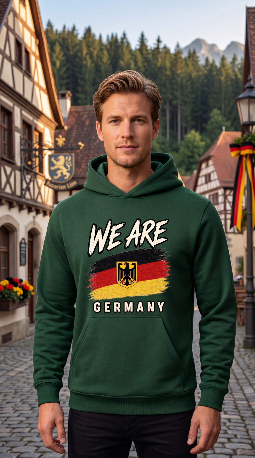 A man wearing a dark green hoodie with a 'WE ARE GERMANY' graphic featuring the German flag, standing in a picturesque European village street with half-timbered houses and mountains in the background.