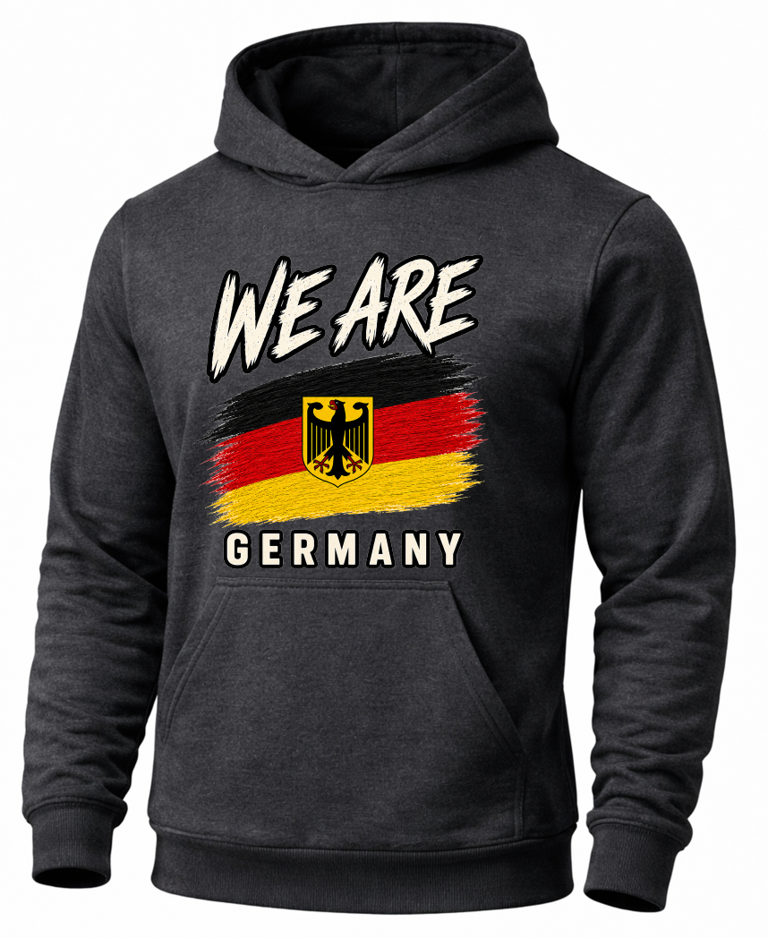 A dark gray pullover hoodie with a graphic print featuring the text 'WE ARE' above a German flag and the German eagle emblem, with 'GERMANY' printed below.