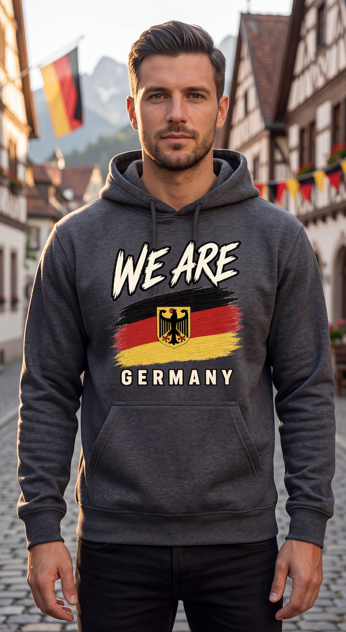 A man wearing a dark gray hoodie with a 'WE ARE GERMANY' graphic featuring the German flag and eagle emblem, standing in a European street setting.
