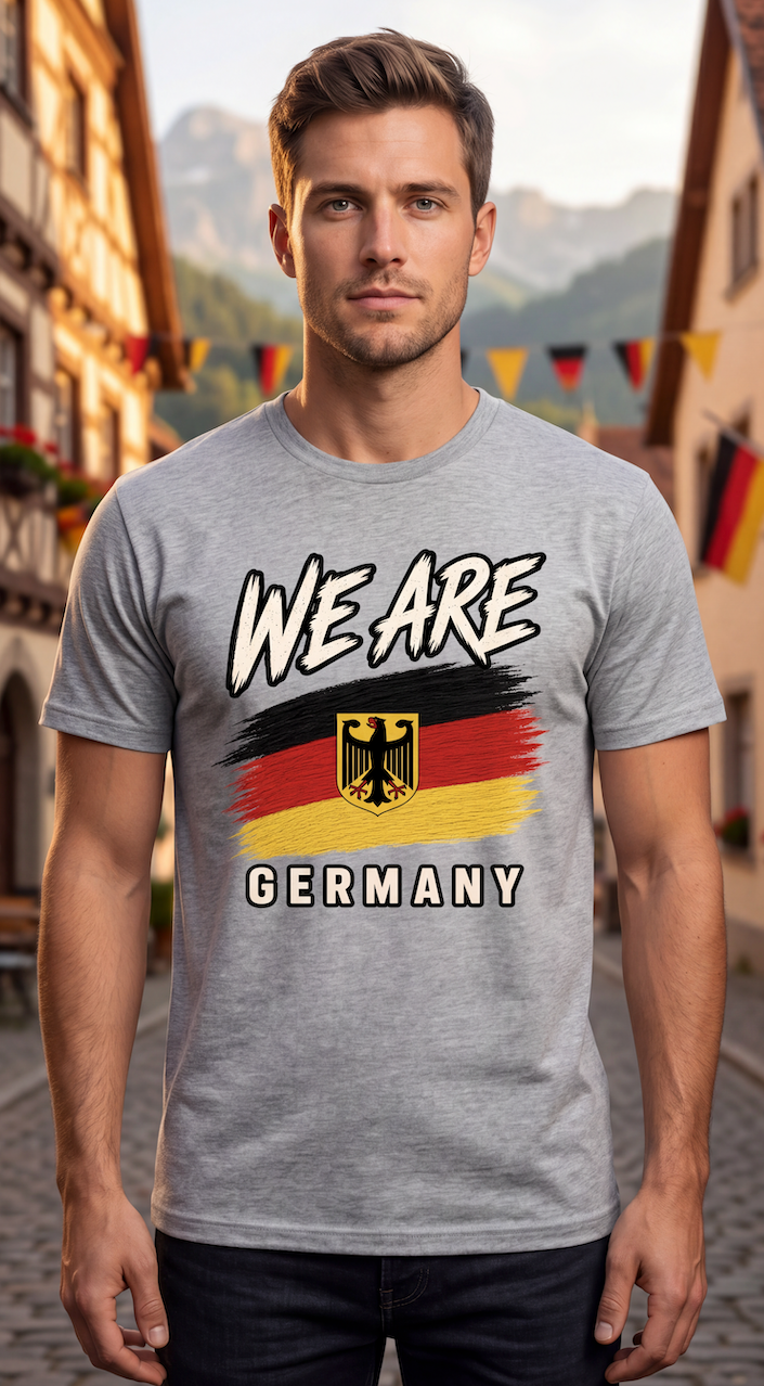 A man wearing a heather gray t-shirt with a graphic that reads 'WE ARE GERMANY' and features the German flag and eagle emblem, set against a blurred background of a European street.