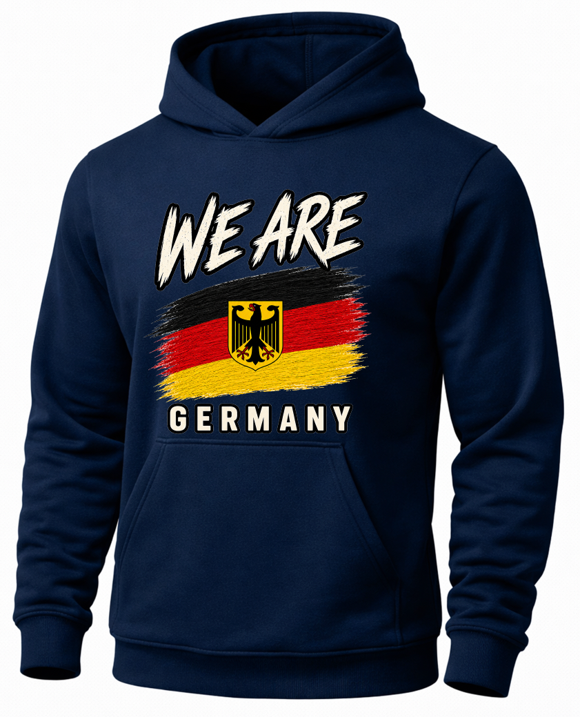 A navy blue pullover hoodie featuring a graphic print on the front with the text 'WE ARE' above a stylized German flag and the word 'GERMANY' below, shown on a plain white background.