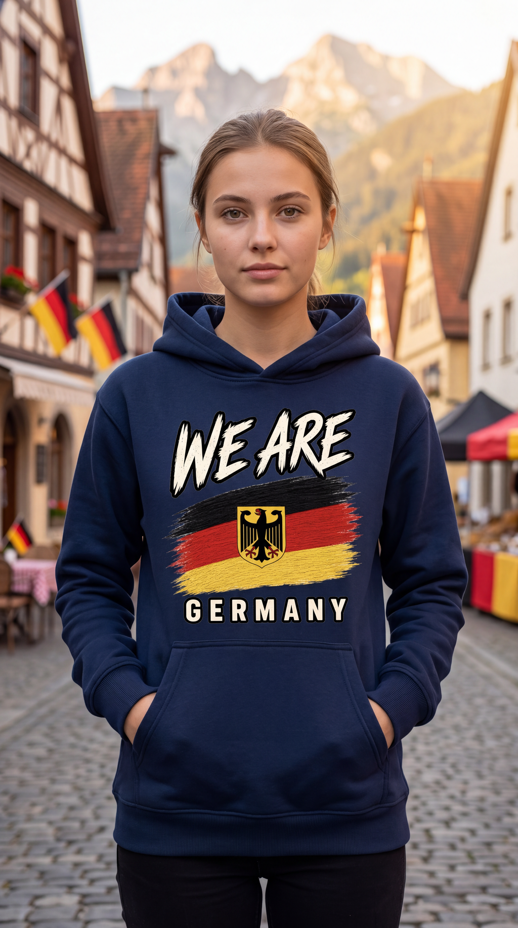 A young woman stands in a European town street wearing a navy blue hoodie with 'WE ARE GERMANY' and a German flag graphic on the front.