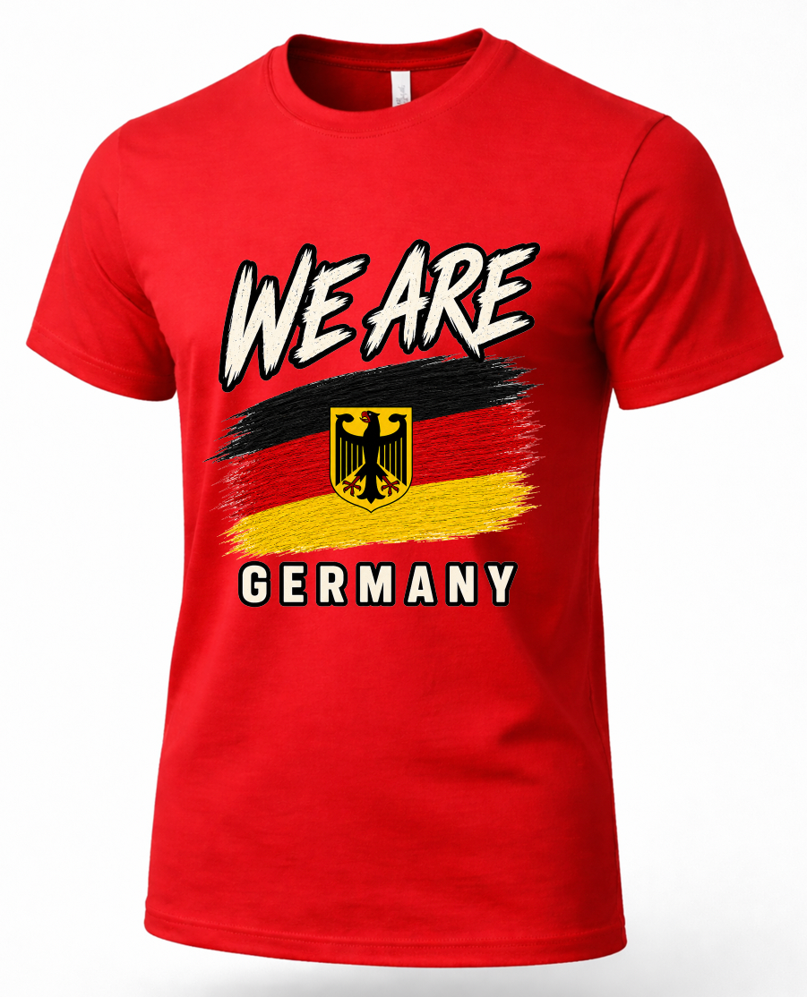 A red short-sleeve crewneck t-shirt featuring a graphic print with the text 'WE ARE' above a black, gray, and yellow flag design with the German coat of arms, and 'GERMANY' below.